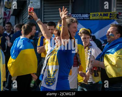 Glasgow, Scotland. UK. June 1st, 2022: Ukraine fans hanging outside Hampden Park, Glasgow. Stock Photo