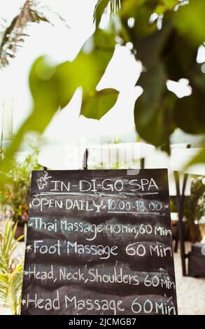 A menu of spa treatments on Nai Yang Beach, Phuket, Thailand. Stock Photo