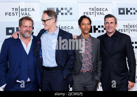 NEW YORK, NY, USA - JUNE 9, 2022: (L-R) Joachim Back, Christopher Heyerdahl, Danny Pudi, Jon Hamm  attend at  'Corner Office'  2022 Tribeca Film Festi Stock Photo