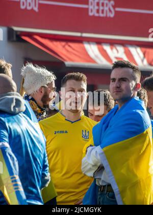 Glasgow, Scotland. UK. June 1st, 2022: Ukraine fans hanging outside Hampden Park, Glasgow. Stock Photo