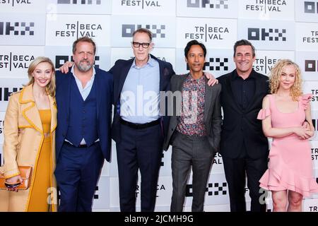 NEW YORK, NY, USA - JUNE 9, 2022: (L-R) (L-R) Sarah Gadon, Joachim Back, Christopher Heyerdahl, Danny Pudi, Jon Hamm and Kimberley Shoniker  attend at Stock Photo