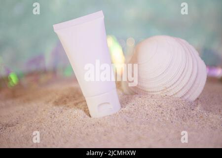 Decorative swimming circle and blank tube with sea shells near it ...
