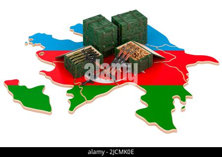 Azerbaijani map with weapons. Military supplies in Azerbaijan, concept. 3D rendering isolated on white background Stock Photo