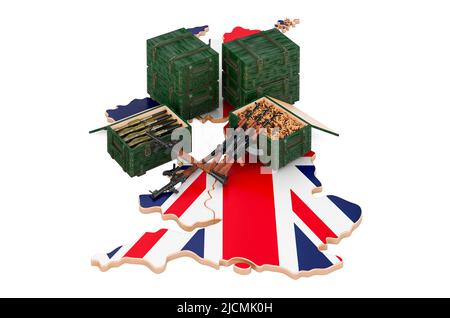 British map with weapons. Military supplies in the Great Britain, concept. 3D rendering isolated on white background