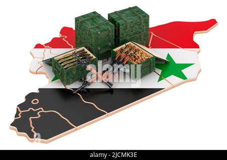 Syrian map with weapons. Military supplies in Syria, concept. 3D rendering isolated on white background Stock Photo