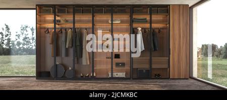 Luxury modern interior design large wooden wardrobe with clothes hangingl and shelf lighting. 3d rendering illustration. Stock Photo