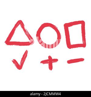 Signs and symbols, triangle, circle, square, checkmark, plus and minus, drawn with a brush in doodle style, red color, elements for infographics Stock Vector