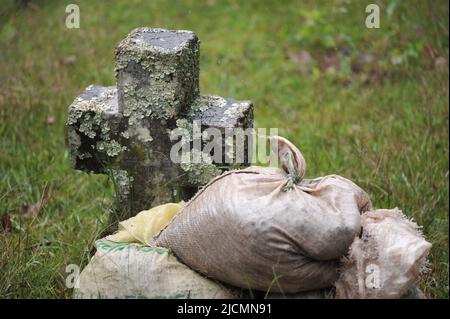 Mountain Province, Philippines: stone cross in Clavary Hill Cemetery, Sagada covered with common greenshield lichen (flavoparmelia caperata) fungi. Stock Photo