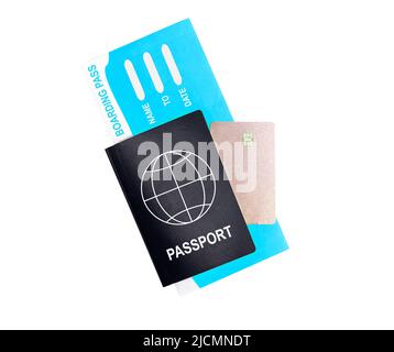 Passport, boarding pass and credit card isolated on white background. Travelling by air concept. Documents for going abroad by plane. High quality photo Stock Photo