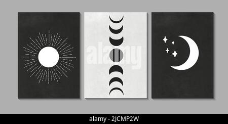 Mid Century Modern Art Set, Boho Art, Sun and Moon, Abstract Art, Black White Art Stock Vector