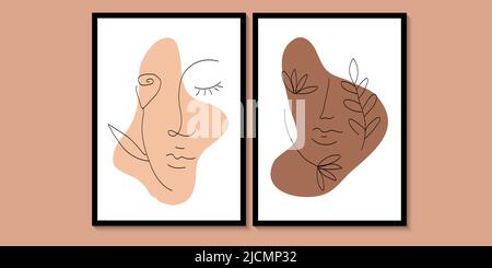 Floral Abstract Woman face art. Boho posters black beige. Creative artistic posters. Female face, texture with flowers. Design for wall decor, print Stock Vector