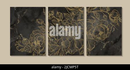 Luxury gold wall Art. Black and golden abstract background. Roses wall art design with dark color, shiny golden light texture. Modern art Stock Vector