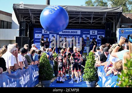 Merelbeke, Tuesday 14 June 2022, Illustration picture taken during the team presentation ahead of the Baloise Belgium Tour cycling race, in Merelbeke, Tuesday 14 June 2022. The Baloise Belgium Tour takes place from 15 to 19 June. BELGA PHOTO DAVID STOCKMAN Stock Photo