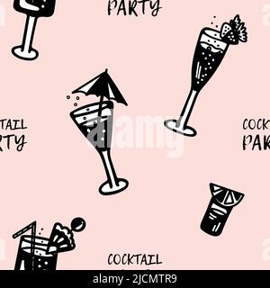 Pattern with black and white cocktails and lettering Cocktail party. Drinks with ice, fruits, berries, alcohol on a pink background. Stock Vector