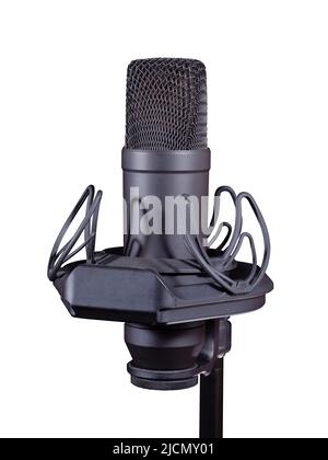 Black condenser studio microphone on a shock mount isolated on white Stock Photo