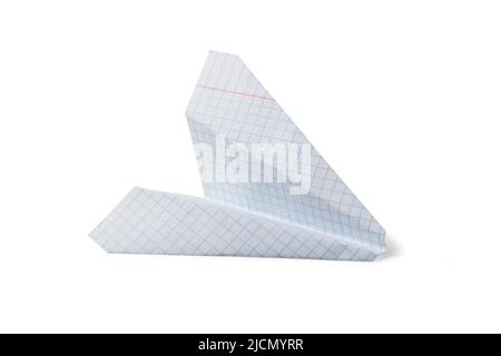 Paper airplane from a sheet of student notebook isolated on white Stock Photo