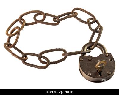 Old rusty chain is padlocked with a keyed padlock isolated on white Stock Photo