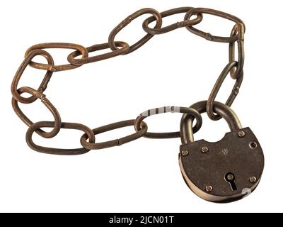 Rusty padlock and chain isolated on white background Stock Photo