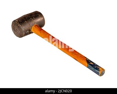 Old rubber hammer with wooden handle isolated on white background Stock Photo