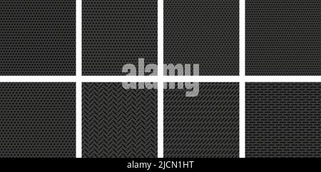 Perforated metal texture. Black metallic grid, dark steel plate with dot holes perforation pattern vector background set Stock Vector