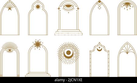 Boho arch frame collection. Bohemian line art frames with sun rays, all seeing eye and moon arches, simple geometric design elements vector set Stock Vector