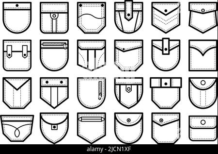 Patch pockets for denim shirt and pants. Vector cartoon set of decoration  element of clothes, blue and pink jeans pockets with seams, buttons, flaps  and embroidery isolated on white background Stock Vector