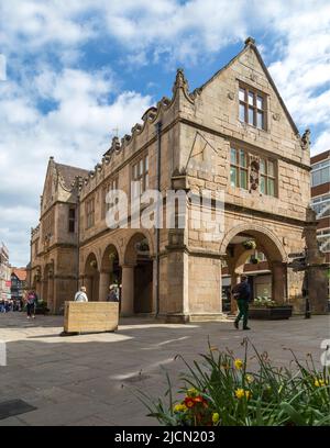 The iconic Old Market Hall in Shrewsbury, England stands in the town centre. It is an Elizabethan building in the Classical Renaissance style. Stock Photo