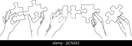 Puzzle pieces in peoples hands. Continuous line art of solution selection, jigsaw or problem solving and teamwork vector illustration set Stock Vector