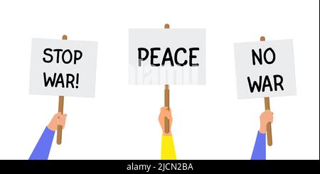 No war protest. Group of people in protest. Posters and Fist and hands up. Black silhouettes of people of Protestants. Concept of revolution and confl Stock Vector