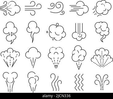 Smell icons. Wind flow, breathe aroma and puff cloud line art symbols. Smoking and breath vector illustration set Stock Vector