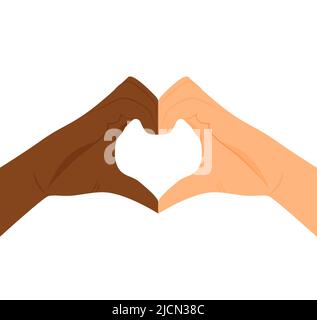 No to racism. Heart shape with hands. Friendship between people. Stop discrimination. Black and white skin. Hands of love. Together against racism. Sy Stock Vector