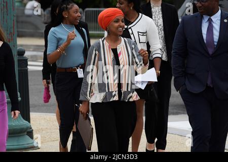 June 14, 2022, Washington, Distric of Columbia, USA: US Representative ILHAN OMAR(D-MN) speaks about Domestic and Global Food crisis during a press conference, today on June 14, 2022 at House Triangle/Capitol Hill in Washington DC, USA. (Credit Image: © Lenin Nolly/ZUMA Press Wire) Stock Photo
