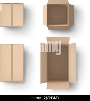 Realistic brown box. Open and close parcel, cardboard packaging and delivery boxes top view 3D mockup vector set Stock Vector