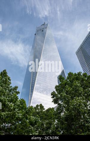 Low angle view of One World Trade Center against sky in Lower Manhattan, New York City, United States of America Stock Photo