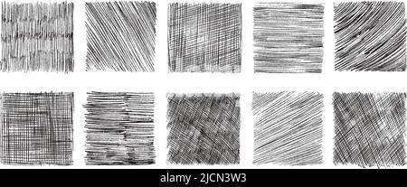 Pencil shaded squares. Pen stroke scribble, hand drawn scrawl sketch texture and line sketched background vector set Stock Vector