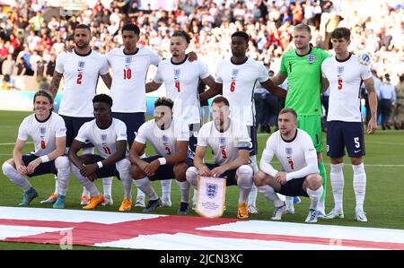 Wolverhampton, England, 14th June 2022.   England team group back row from left: Kyle Walker, Jude Bellingham, Kalvin Phillips, Marc Guehi, Aaron Ramsdale, John Stones. Front row from left: Conor Gallagher, Bukayo Saka, Reece James, Harry Kane and Jarrod Bowen of England during the UEFA Nations League match at Molineux, Wolverhampton. Picture credit should read: Darren Staples / Sportimage Stock Photo