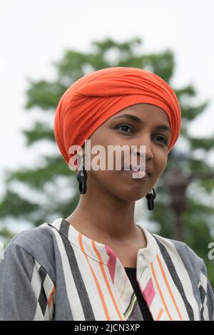 June 14, 2022, Washington, Distric of Columbia, USA: US Representative ILHAN OMAR(D-MN) speaks about Domestic and Global Food crisis during a press conference, today on June 14, 2022 at House Triangle/Capitol Hill in Washington DC, USA. (Credit Image: © Lenin Nolly/ZUMA Press Wire) Stock Photo