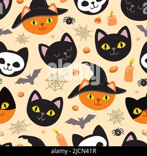 Ghost cat pattern. Spooky halloween kittens faces, horror animals and cute witchcraft cats seamless vector illustration Stock Vector