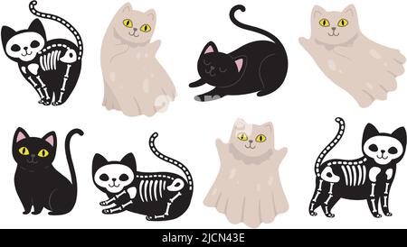 Cute black cat. Dead kitten, funny halloween ghost and skeleton in different poses. Bad luck cats vector set Stock Vector