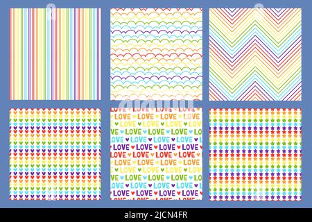 Seamless pride pattern. Rainbow gradient lines, hearts stripes and love text in LGBT flag colors seamless vector backgrounds set Stock Vector