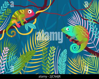 Chameleon forest. Fantasy tropical jungle forest with color lizards, reptile animals on branch vector illustration Stock Vector