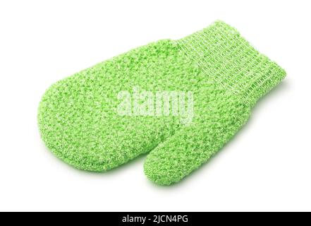 Green exfoliating body scrub mitt isolated on white