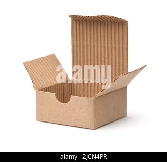 Open small brown corrugated board box isolated on white Stock Photo