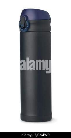 Front view of black thermos flask isolated on white Stock Photo