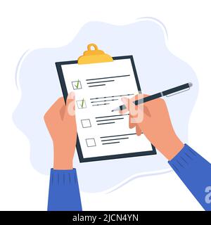 Hands holding clipboard with checklist with green check marks and pen. Human filling control list on notepad. Concept of Survey, quiz, to-do list or a Stock Vector