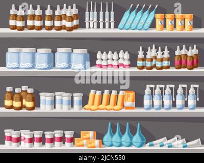 Pharmacy shelves with medicines. Pharmaceuticals, medicine bottles, drugs  and pills on shelf cartoon vector illustration, Stock vector