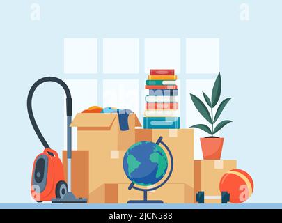 Paper cardboard boxes with various household thing. Moving to new house. Family relocated to new home. Package for transportation. Things, clothes, fu Stock Vector