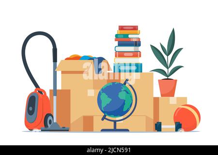 Paper cardboard boxes with various household thing. Moving to new house. Family relocated to new home. Package for transportation. Things, clothes, fu Stock Vector