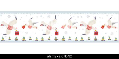 Cute seagulls with Christmas gifts seamless vector border. Comic sea gull bird in Santa costume illustration design element Stock Vector