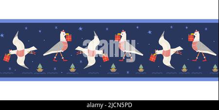 Christmas quirky seagull with gift cute seamless vector border. Comic sea gull bird in Santa costume illustration design element Stock Vector